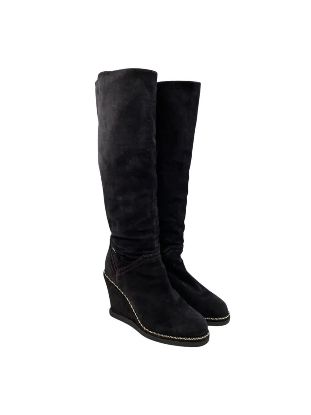 Chanel Long Boots CC Logo Chain Suede Black Gold 35.5
